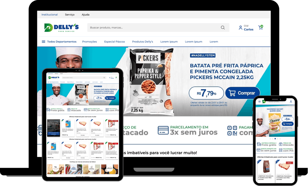 Mockup do site da Dellys nos formatos, desktop, mobile e tablet