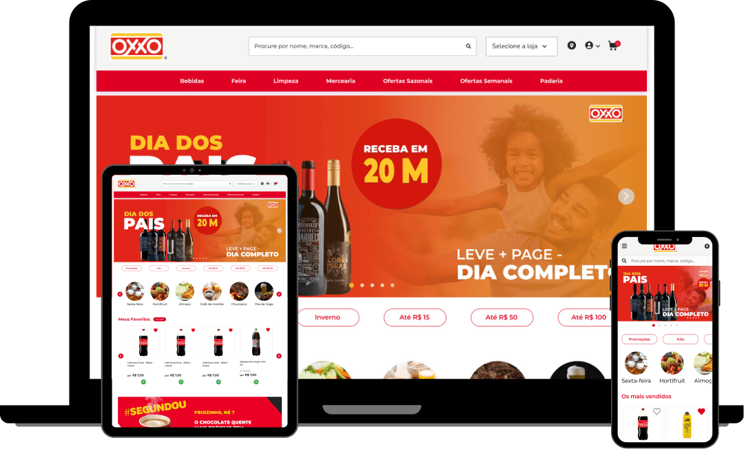 Mockup do site do Mercado OXXO nos formatos, desktop, mobile e tablet